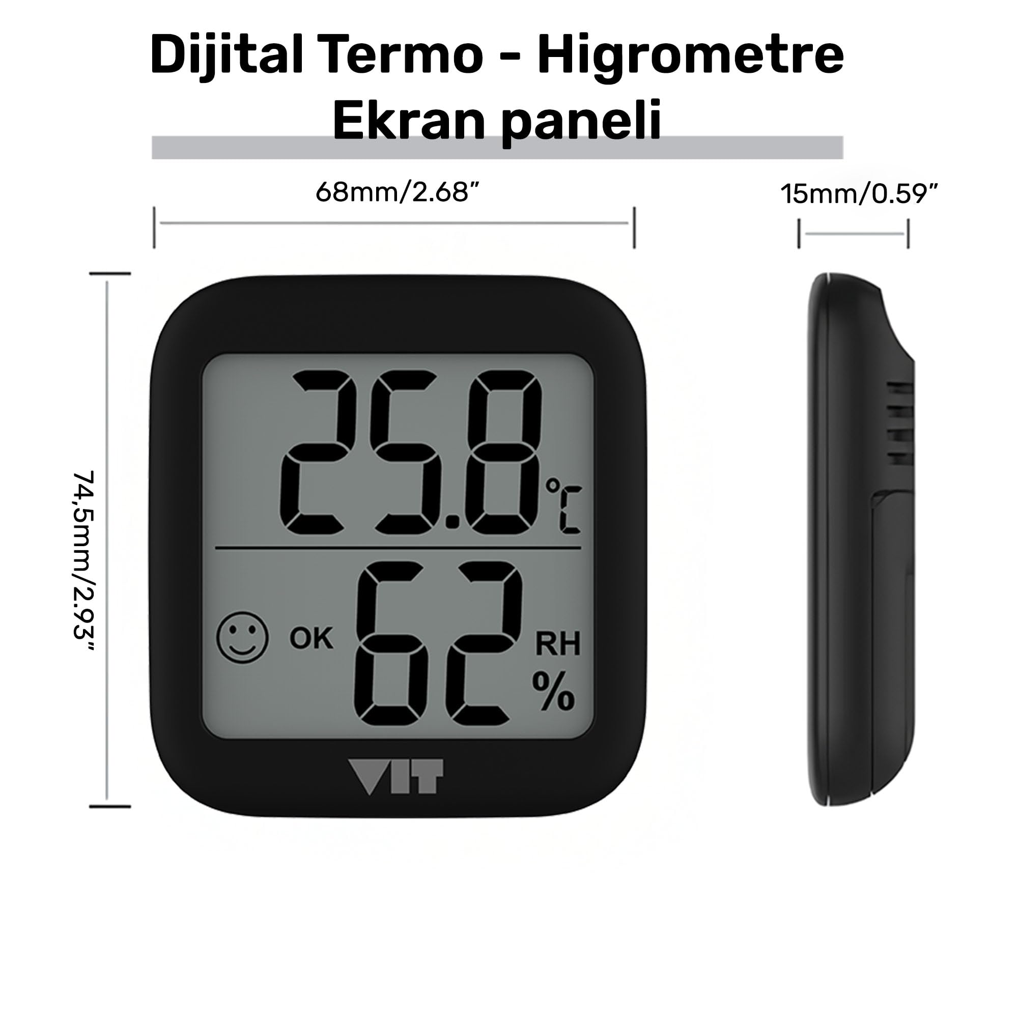 VIT İç Mekan Dijital Isı ve Nem Ölçer Siyah Termometre BVT17