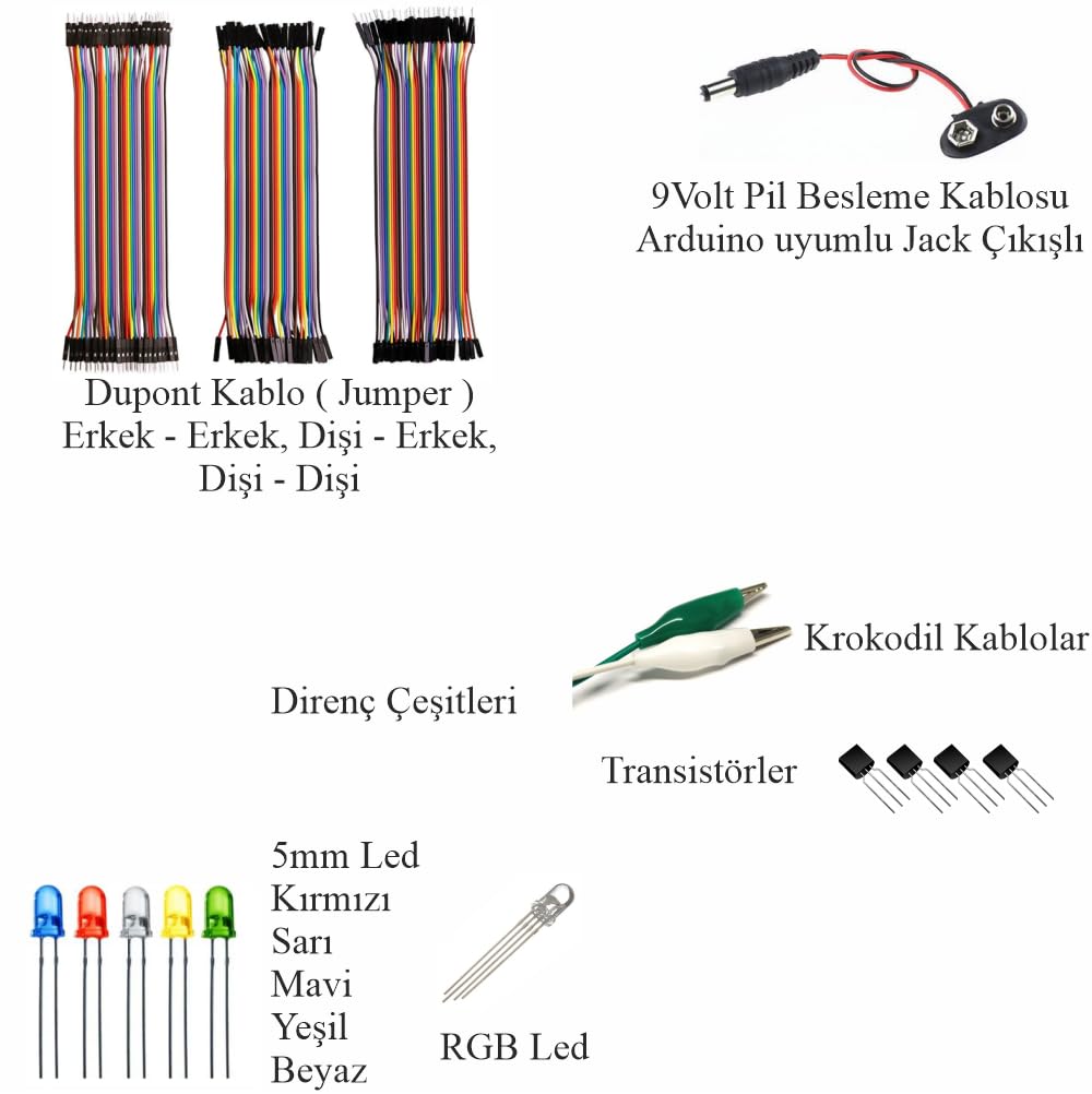 Arduino ile Uyumlu Öğreniyorum Seti - UNO R3 (CH340 Çip) - 46 Çeşit 176 Parça - Robotik Kodlama ve Elektronik Başlangıç Eğitimi Kiti - STEM Proje Seti