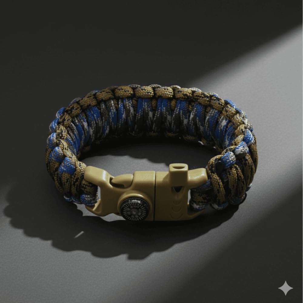 Pusulalı Çakmaklı Taktik Paracord Bileklik - Toprak Mavi Kamuflaj Desen - Kamp ve Doğa Sporları İçin