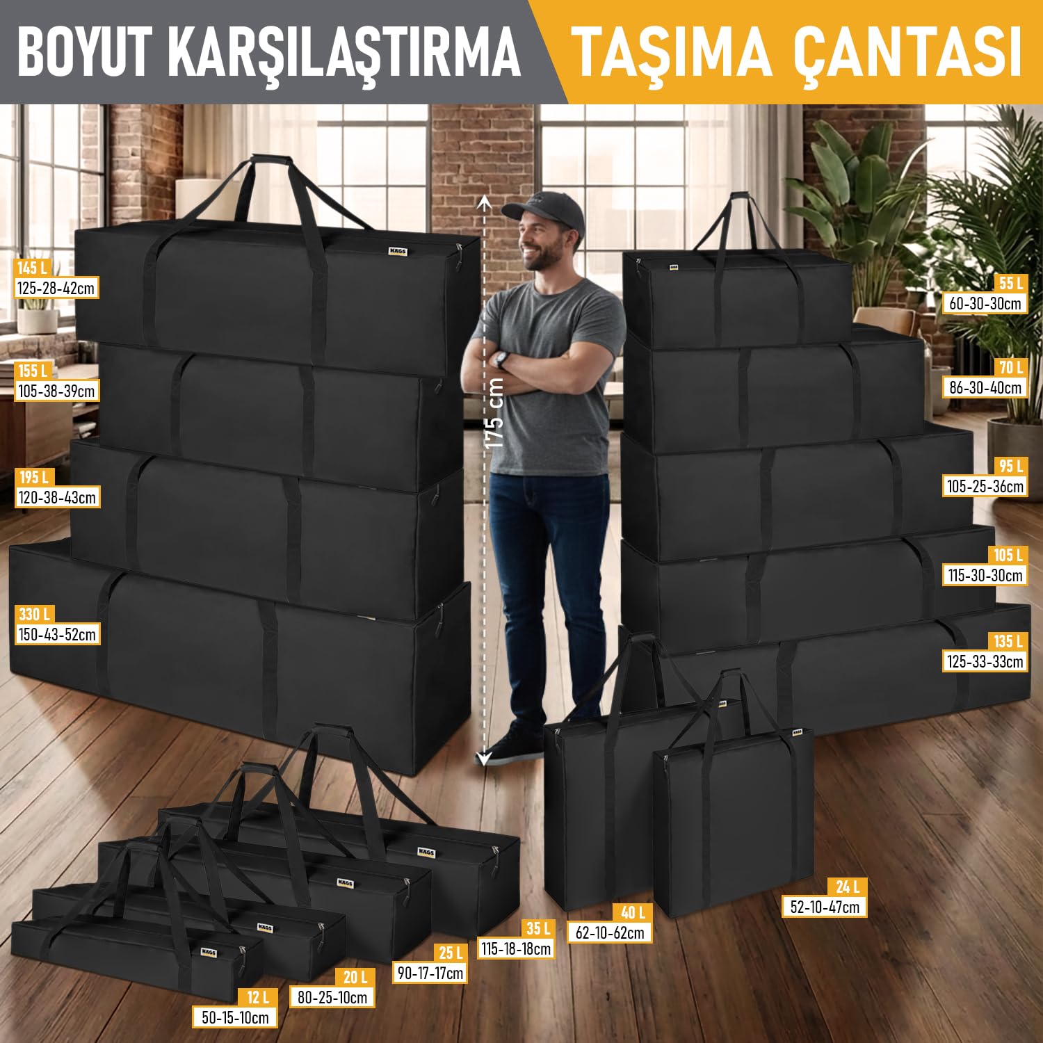 Haegs Taşıma Çantası, Uzun Kare Çok Amaçlı Fermuarlı Dayanıklı Seyahat Spor, Kamp Malzemeleri Saklama Çantası, Hurç, Valiz, 135L (135 x 33 x 33 cm) - Siyah