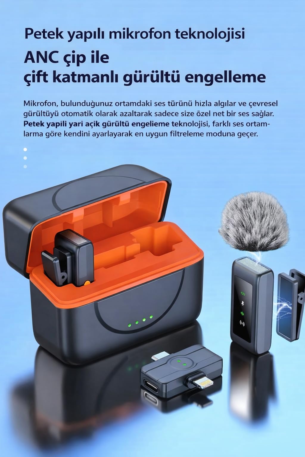 N80 Kablosuz Yaka Mikrofonu 2.4G – Mıknatıslı Klipsli ve Tüylü, Gürültü Azaltmalı, iPhone & Android Uyumlu, Canlı Yayın ve Vlog Mikrofonu