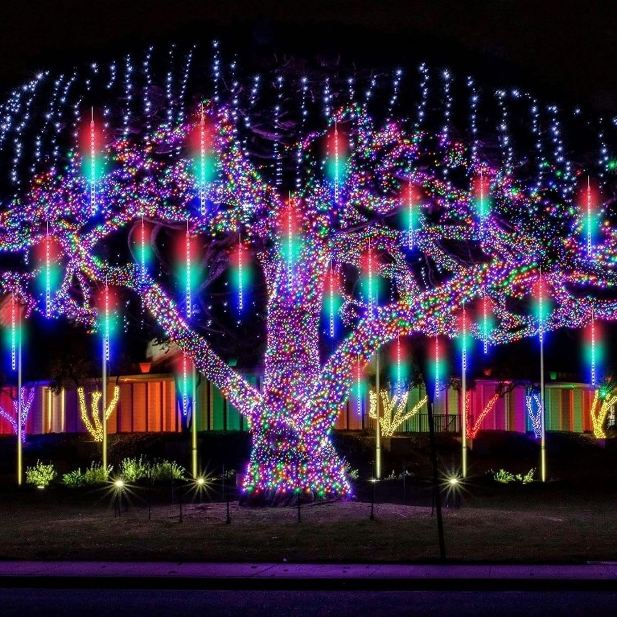 BUFFER 9'lu Meteor LED Işık, RGB Renk Değiştiren, USB Güç Kaynağı, Asmalı Dekoratif Bahçe ve Dış Mekan Aydınlatması, Plastik Ağaç Işığı