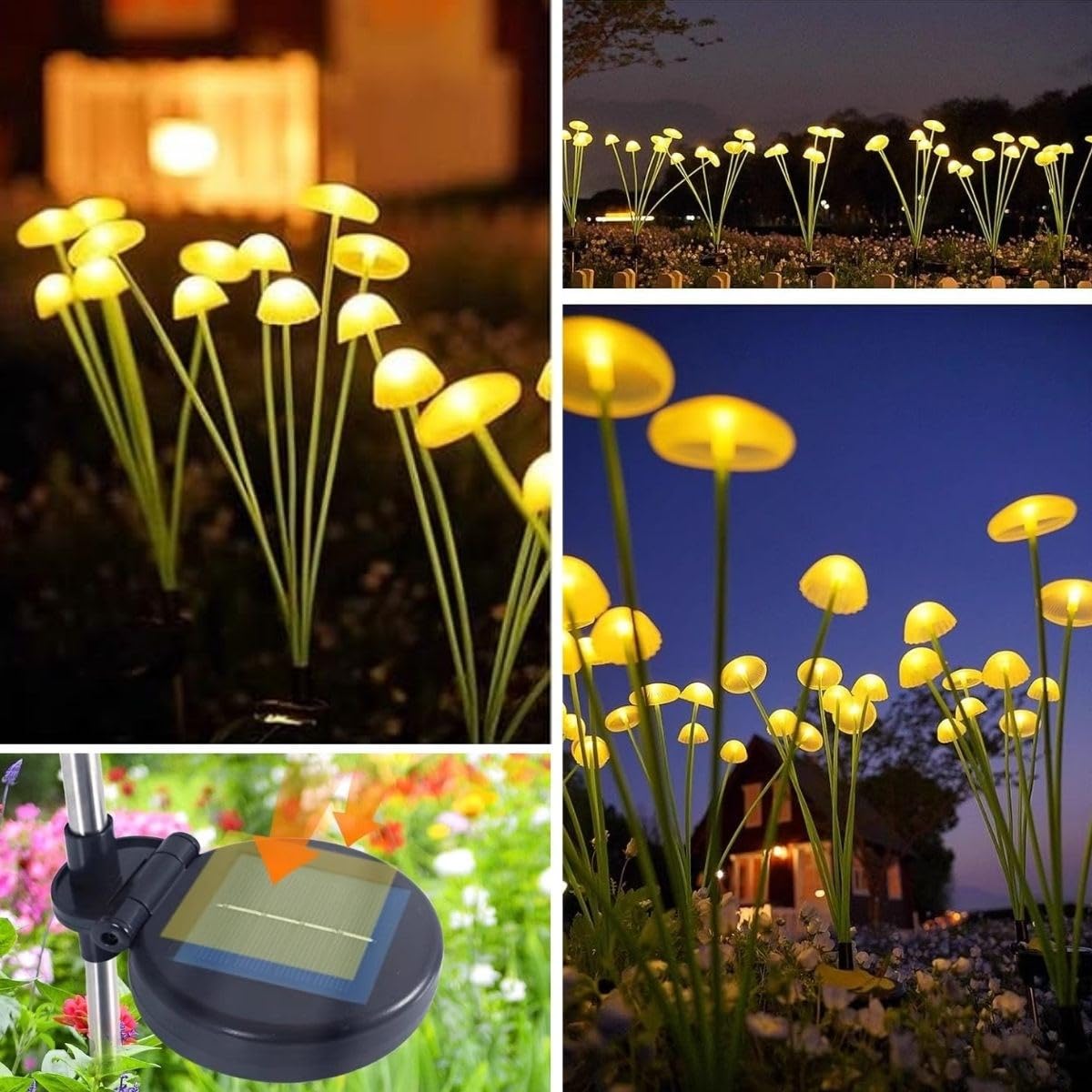 BUFFER Güneş Enerjili Mantar Bahçe Lambası, Solar LED Dış Mekan Aydınlatma, Otomatik Sensörlü Dekoratif Bahçe Işığı, Plastik, 2 Adet