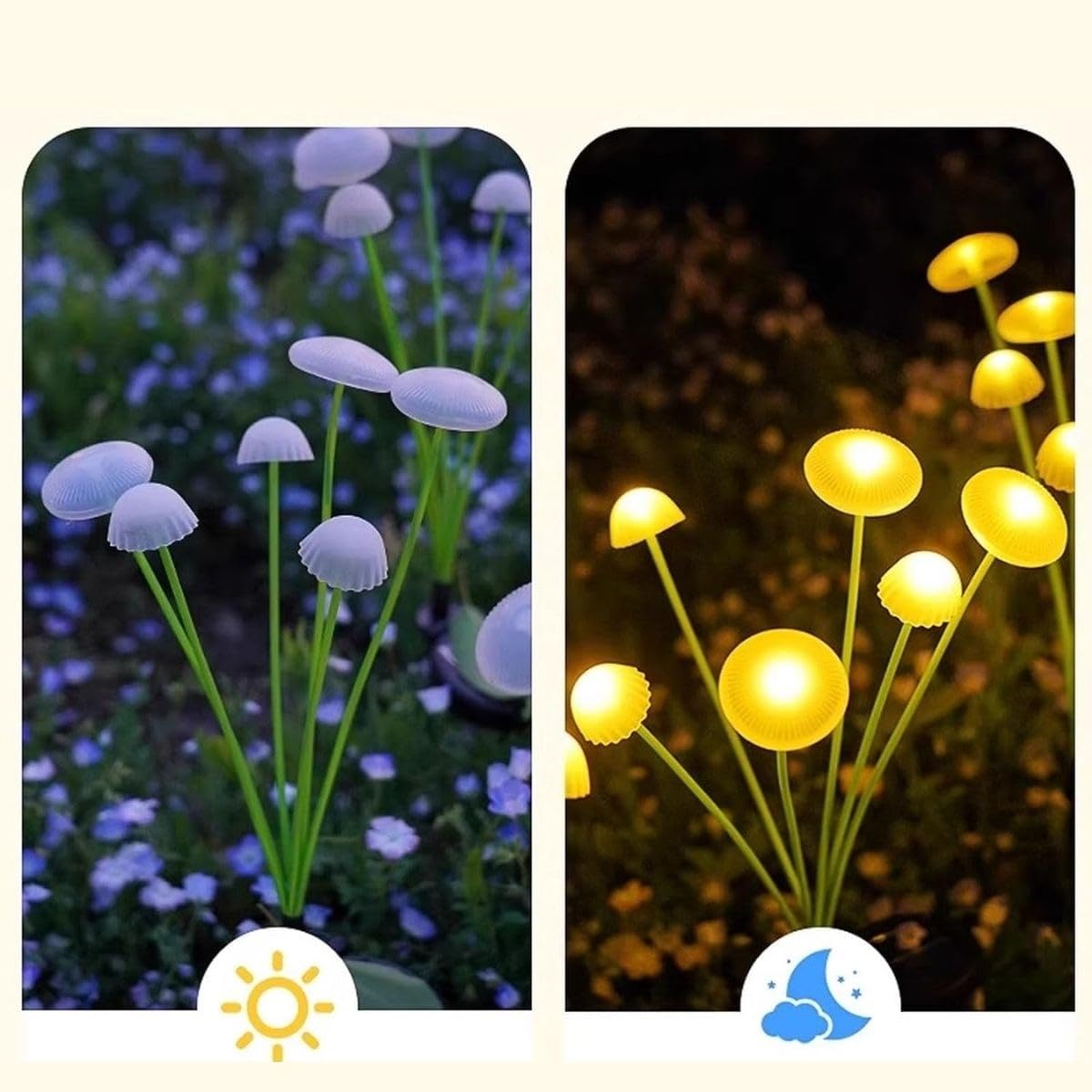 BUFFER Güneş Enerjili Mantar Bahçe Lambası, Solar LED Dış Mekan Aydınlatma, Otomatik Sensörlü Dekoratif Bahçe Işığı, Plastik, 2 Adet
