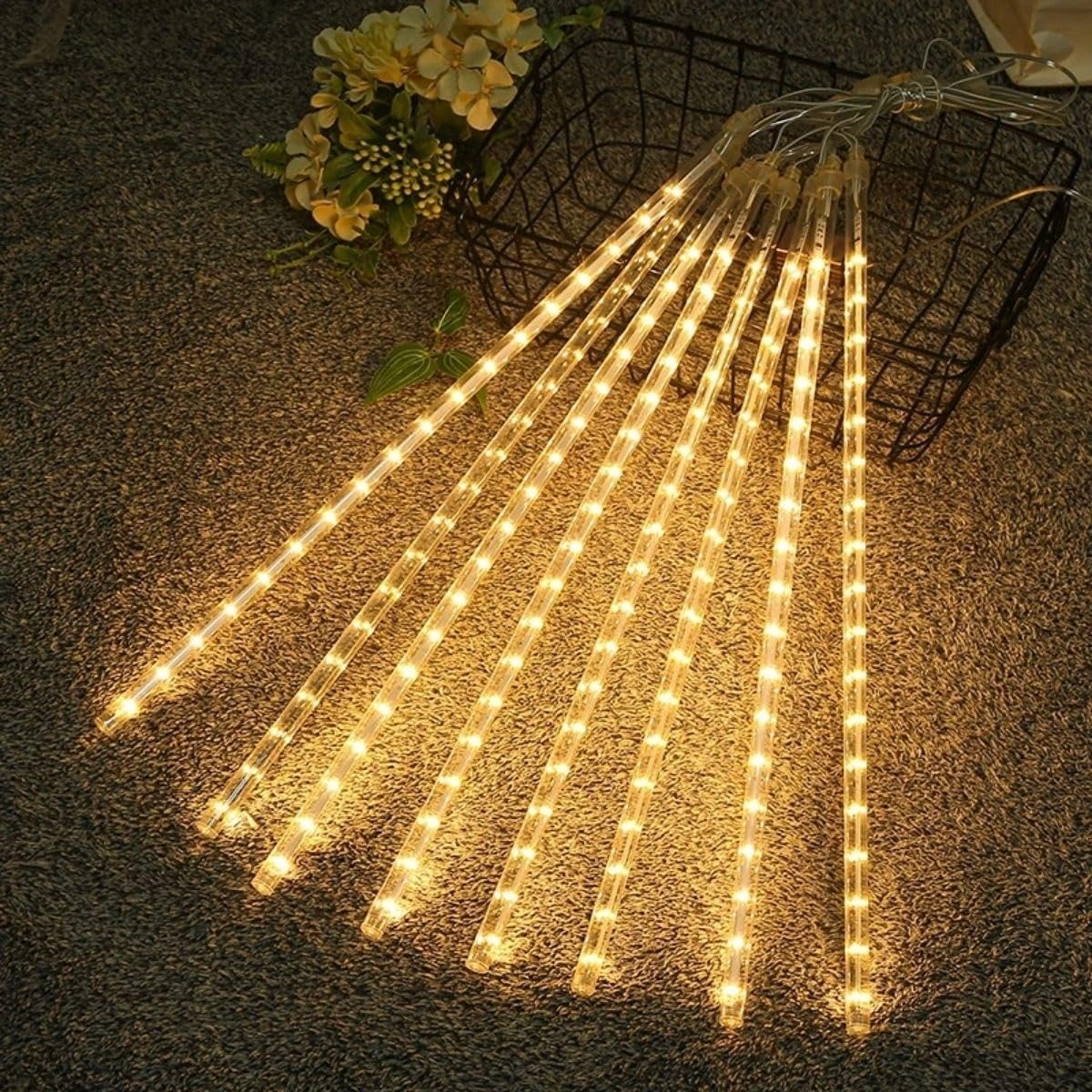 BUFFER® Meteor LED Işık Seti, Sarı Renk, USB Güç Kaynağı, 9'lu Plastik Tüp, Asmalı Dekoratif Bahçe ve Dış Mekan Aydınlatması