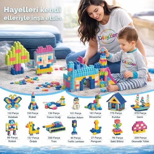 PlayZen Constructo Yapı Oyuncağı, Renkli Tasarım ve İnşa Seti, 100 Parça, 3+ Yaş