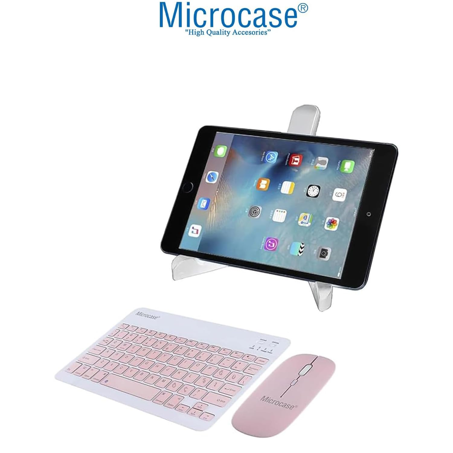 Microcase Samsung Galaxy Tab A11 Plus 11 inch ile Uyumlu Tablet Çanta+Türkçe Bluetooth Klavye +Mouse+ Standı - Pembe AL4382