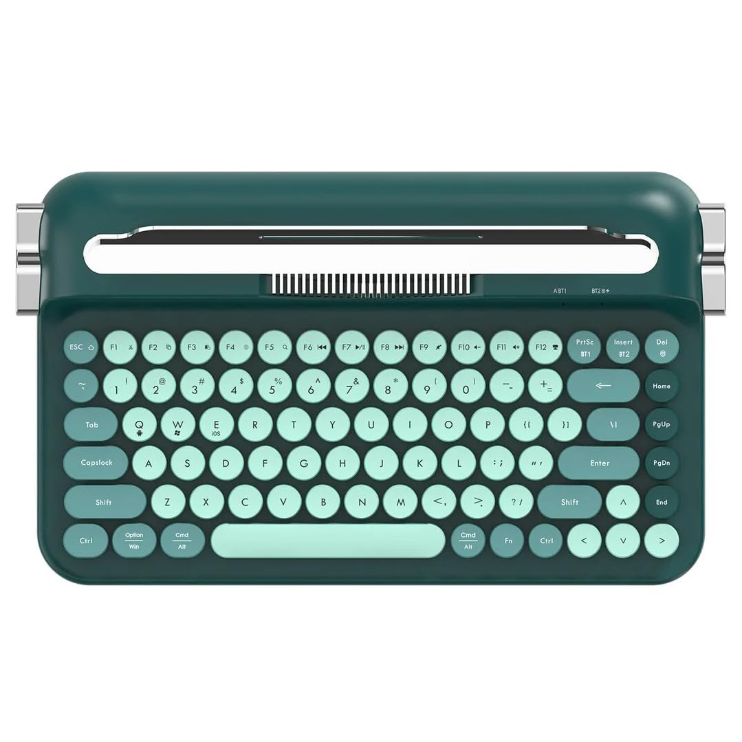Coverzone Kablosuz Bluetooth ve 2.4G Çift Modlu Retro Daktilo Tasarımlı Klavye – Yuvarlak Tuşlu, Tablet & Telefon Standlı, Ergonomik, Pille Çalışan, Sessiz ve Konforlu AJAZZ AF84 (AF84 - Yeşil)