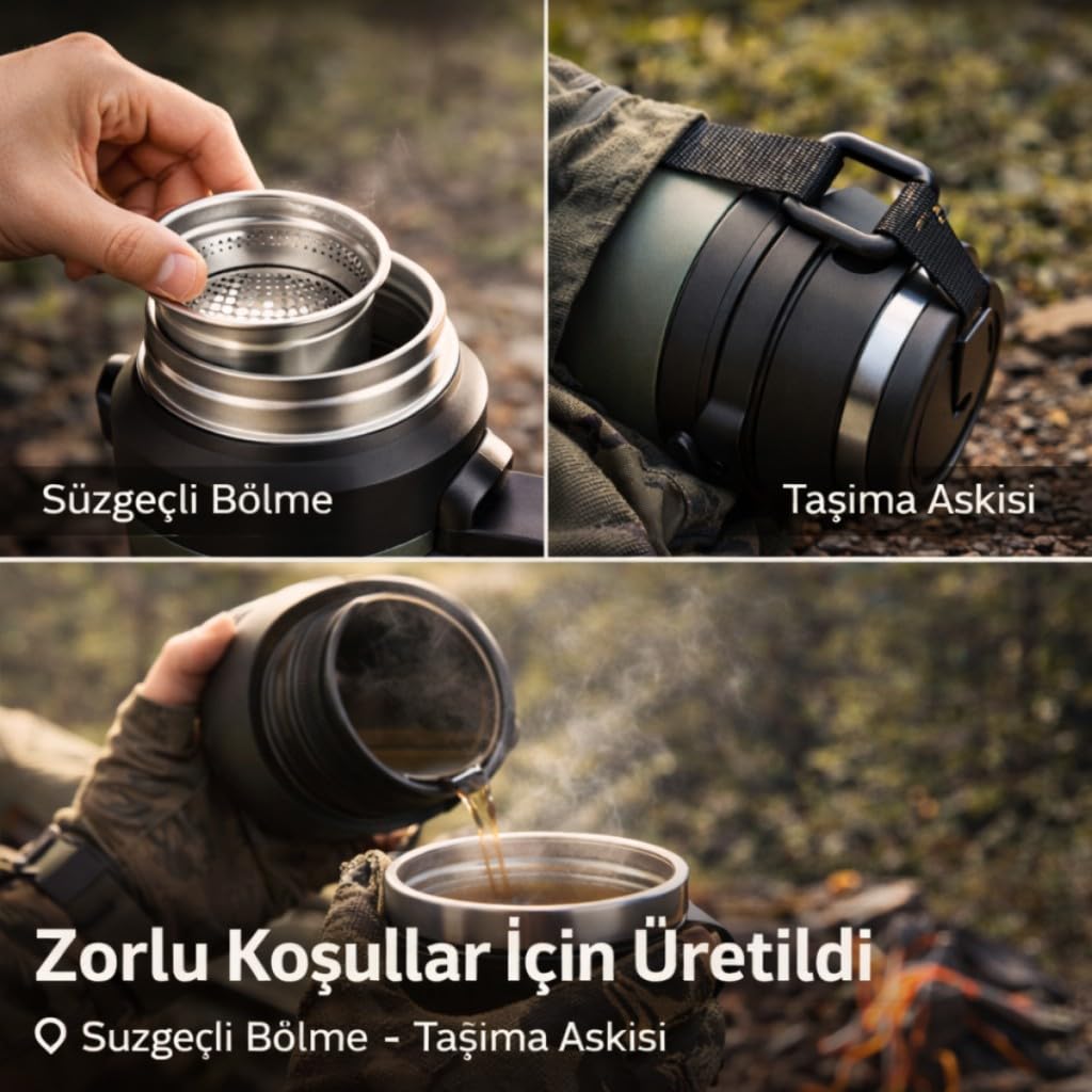 Polham 2 Litre Kamp Termosu–24 Saat Sıcak/36 Saat Soğuk, 316L Paslanmaz Çelik, Bardaklı ve Süzgeçli Termos