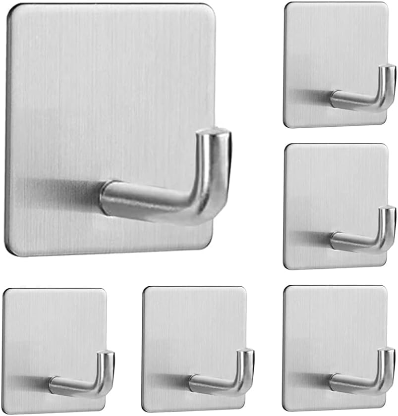 MallArt® 6lı 3M Bantlı Paslanmaz Çelik Askı | SUS304 Materyalli, Su Geçirmez & İz Bırakmayan | Duvara Zarar Vermez, Yuvarlak & Kare Modeller – Banyo, Mutfak, Ofis için (Kare)