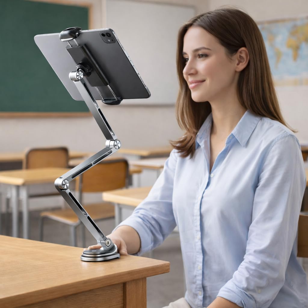Coverzone Profesyonel Ayarlanabilir Tablet & Telefon Standı, 360° Döner Kantilever Braket, Premium Alüminyum, 4.7-12.9" Cihazlar İçin - Telefon ve Tabletler İçin Masa Montaj Kelepçesi | T01 Flat