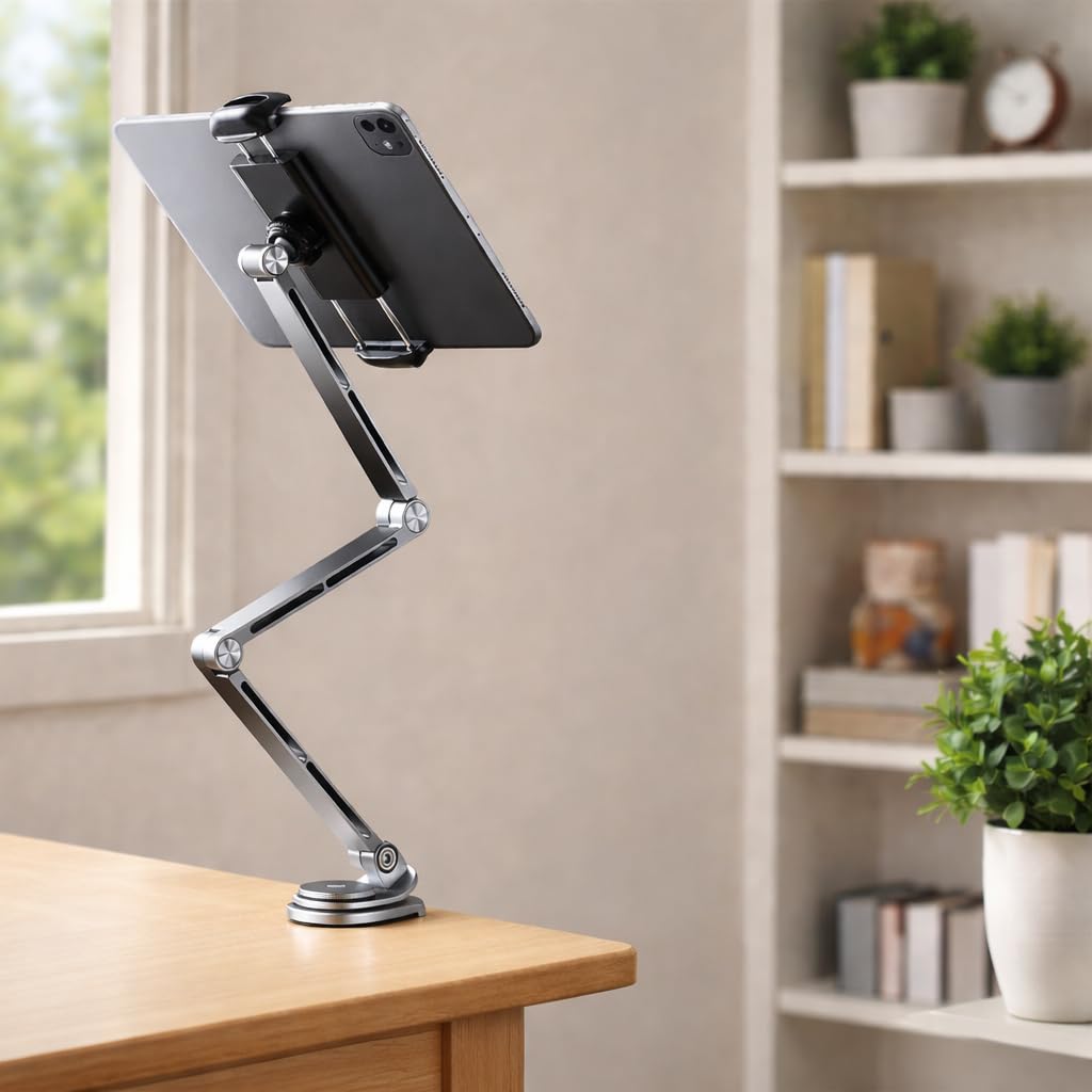 Coverzone Profesyonel Ayarlanabilir Tablet & Telefon Standı, 360° Döner Kantilever Braket, Premium Alüminyum, 4.7-12.9" Cihazlar İçin - Telefon ve Tabletler İçin Masa Montaj Kelepçesi | T01 Flat