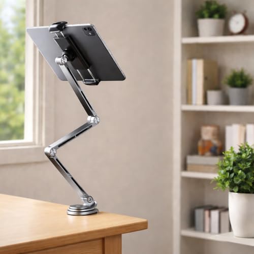 Coverzone Profesyonel Ayarlanabilir Tablet & Telefon Standı, 360° Döner Kantilever Braket, Premium Alüminyum, 4.7-12.9" Cihazlar İçin - Telefon ve Tabletler İçin Masa Montaj Kelepçesi | T01 Flat