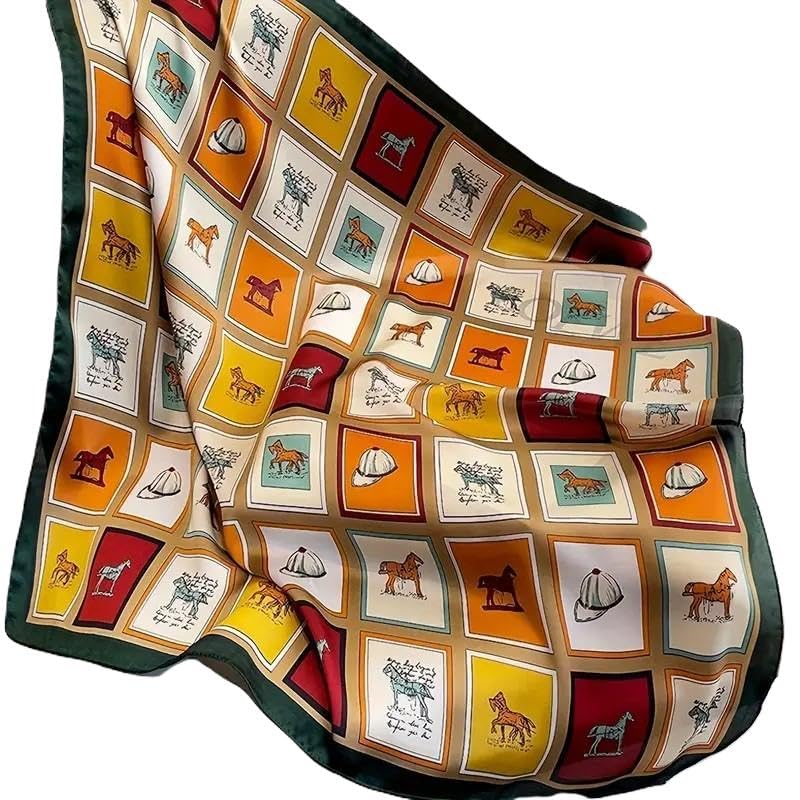 At Figürlü Kare Eşarp, Polyester Fular, Çok Renkli Bandana, 70x70cm
