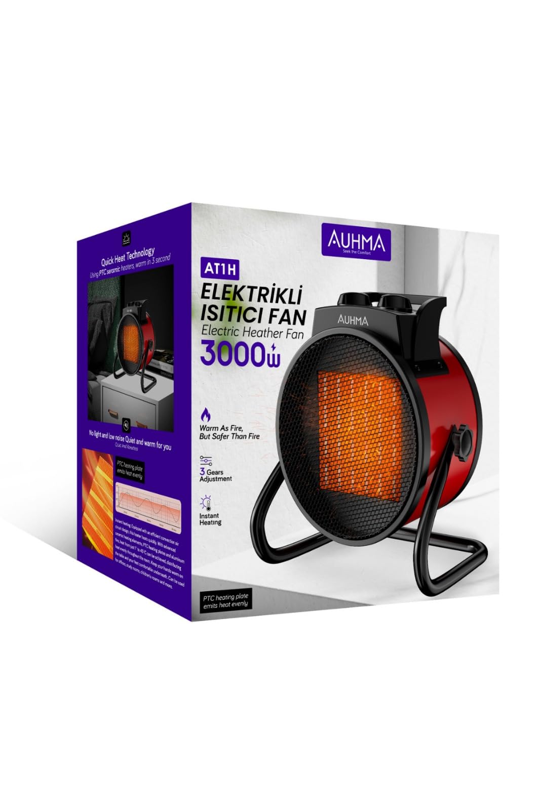 Auhma AT1H Yeşil 3000W PTC Elektrikli Isıtıcı Fan Termostatlı ve Güvenli Isıtma