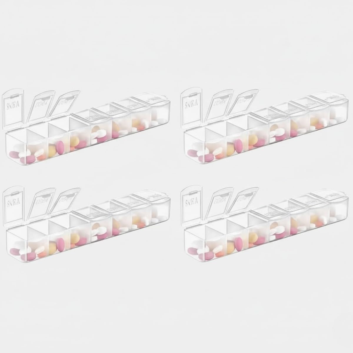 4 Adet Haftalık İlaç Kutusu – Günlük Bölmeli, Şeffaf Kapaklı Tablet ve Vitamin Organizer