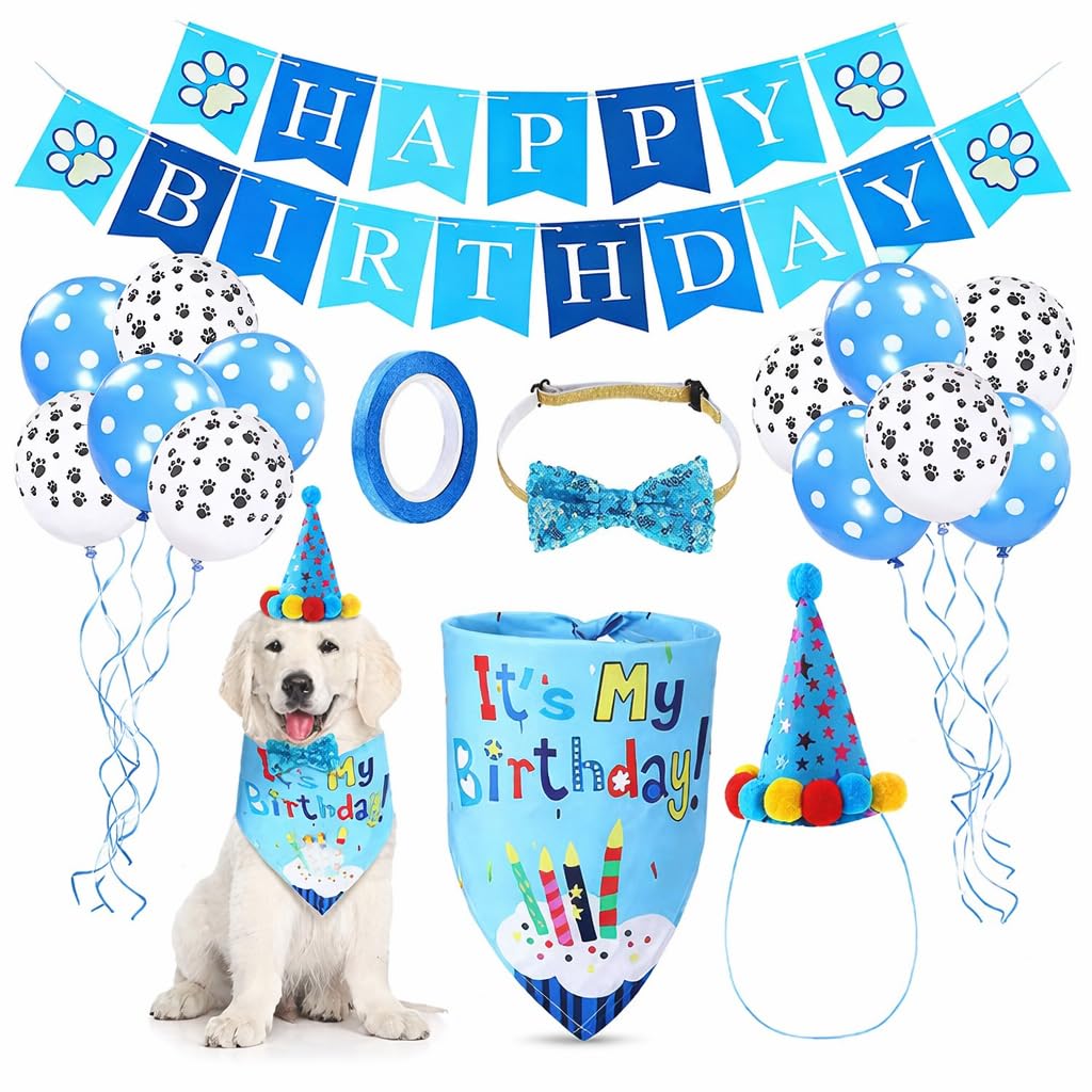 MADPET Evcil Hayvan Doğum Günü Süsleme Seti Mavi – Köpek ve Kedi için Birthday Party Konsept Paketi – Balon, Happy Birthday Banner, Bandana, Papyon, Şapka ve Parti Aksesuarları