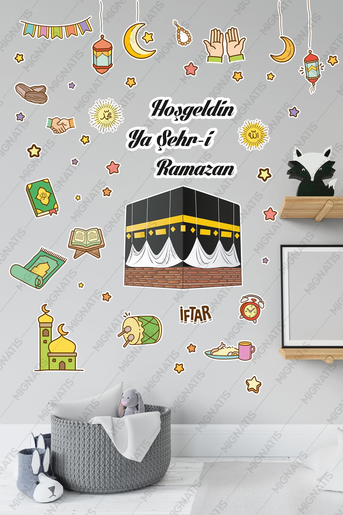 Kabe ve Renkli Ramazan Figürleri Cam Duvar Kapı Hoşgeldin Ramazan Sticker Seti Çocuk Bebek Odası