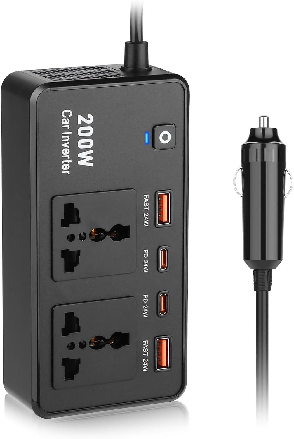 Araç Oto Çakmak Inverter Araç Içi Sarj Istasyonu Çoklu Sarj 2 Usb 2 Priz 2 Type-c Şarj Çıkışlı 200w AC 220V Siyah