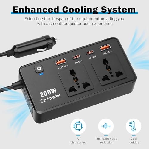 Araç Oto Çakmak Inverter Araç Içi Sarj Istasyonu Çoklu Sarj 2 Usb 2 Priz 2 Type-c Şarj Çıkışlı 200w AC 220V Siyah