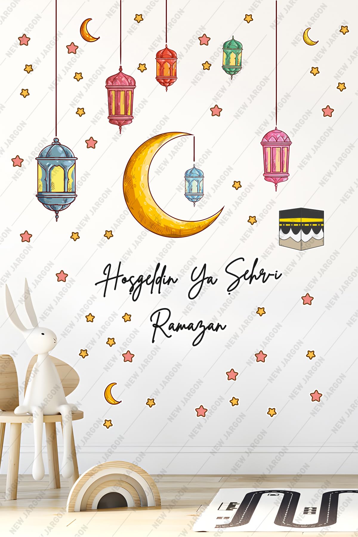 Ramazan Temalı Duvar Sticker Seti, Hoşgeldin Ya Şehri Ramazan Yazılı, Hilal Kabe Fener Desenli, Çocuk Bebek Odası Cam Duvar Süsleme