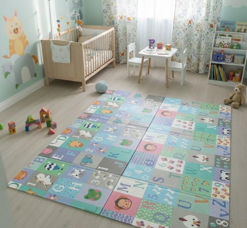 Katlanabilir Çift Taraflı Eğitici Çocuk Oyun Matı, Halısı 180x150 (Taşıma Çantalı)-Mavi Alfabe