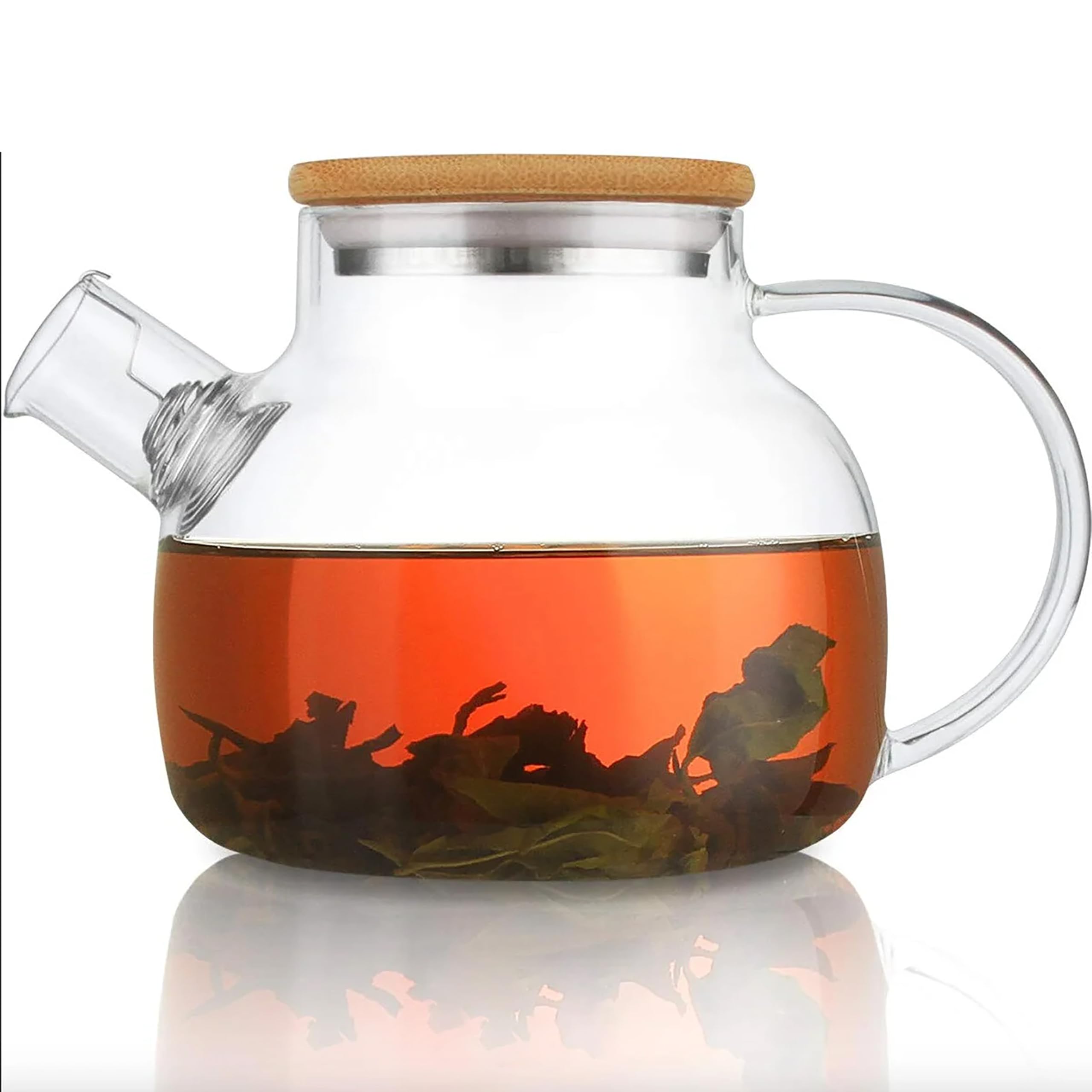 Promosyonca Borosilikat Cam Demlik, Bambu Kapaklı, Süzgeçli, 1250 ml, Isıya Dayanıklı, Çay Kahve Bitki Çayı için, Cam Çaydanlık (Düz)