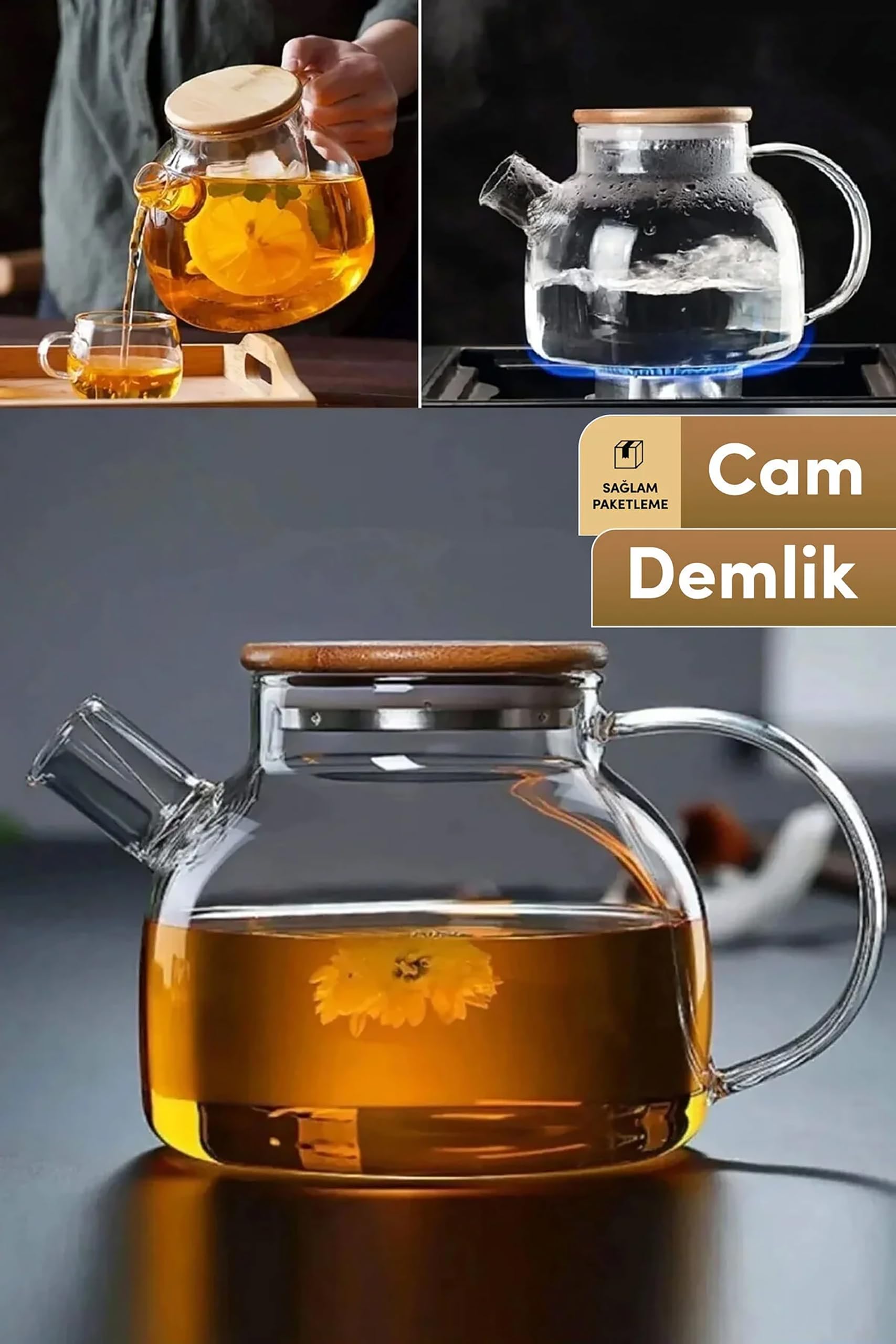 Promosyonca Borosilikat Cam Demlik, Bambu Kapaklı, Süzgeçli, 1250 ml, Isıya Dayanıklı, Çay Kahve Bitki Çayı için, Cam Çaydanlık (Düz)