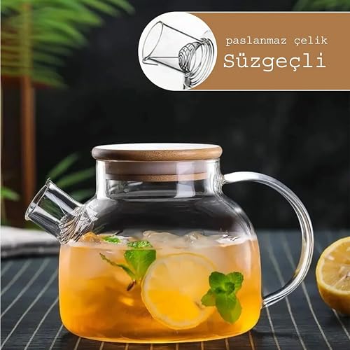 Promosyonca Borosilikat Cam Demlik, Bambu Kapaklı, Süzgeçli, 1250 ml, Isıya Dayanıklı, Çay Kahve Bitki Çayı için, Cam Çaydanlık (Düz)