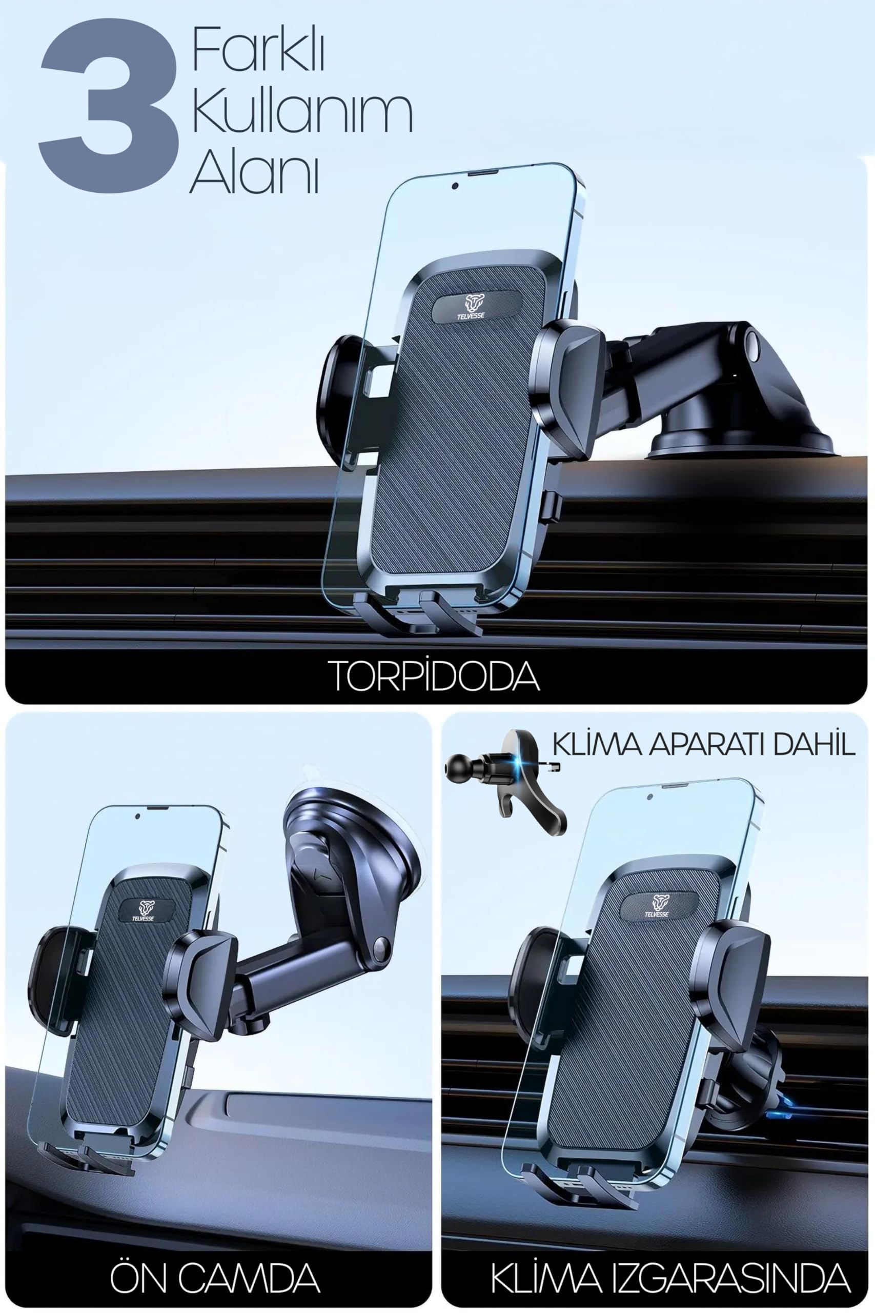 2 MODLU Klima + Torpido Araç Telefon Tutacağı Cam Havalandırma Vantuzlu Araba Telefon Tutucu TT01