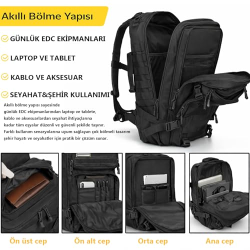 HAEGS Askeri Taktik Sırt Çantası, Ordu Derecesinde Sağlam, Ağır Hizmet Taktik Çanta, 3 Günlük Acil Durum Hücum Çantası, Kampçılık, Dağcılık, Trekking Seyahat Sırt Çantası- 45L - Siyah