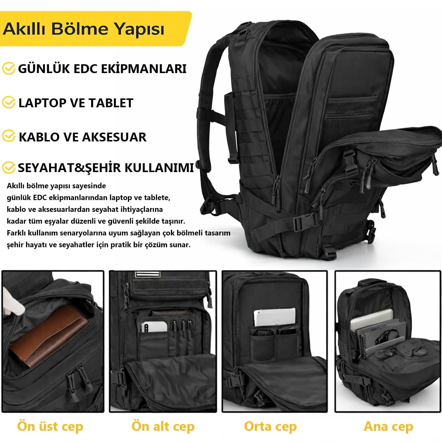 HAEGS Askeri Taktik Sırt Çantası, Ordu Derecesinde Sağlam, Ağır Hizmet Taktik Çanta, 3 Günlük Acil Durum Hücum Çantası, Kampçılık, Dağcılık, Trekking Seyahat Sırt Çantası- 45L - Siyah