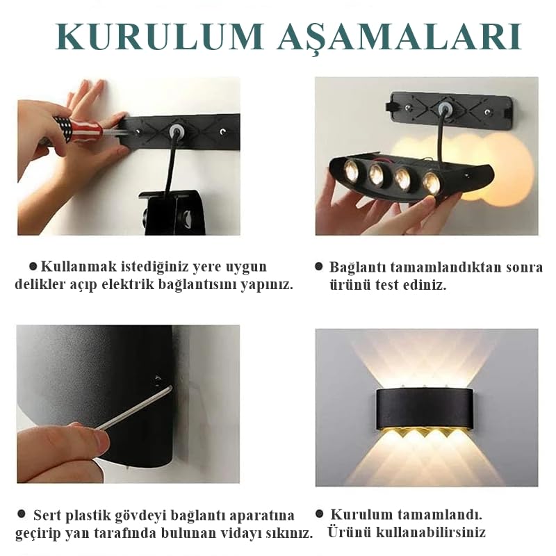 15W Dekoratif Çift Yönlü LED Duvar Apliği - 8 LED’li Modern Tasarım, Cata Kapri Dış ve İç Mekan Aydınlatma Lambası, (Siyah Kasa) (Amber Renk Işık)