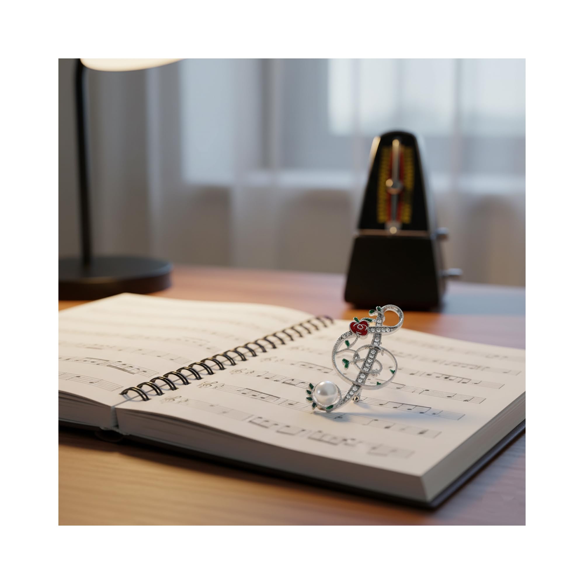 Nota Anahtarı Broşu – Gümüş Renk Kristal Taşlı Müzik Broşu, Kırmızı Gül & İnci Detaylı, Şık Broş Takı Aksesuarı