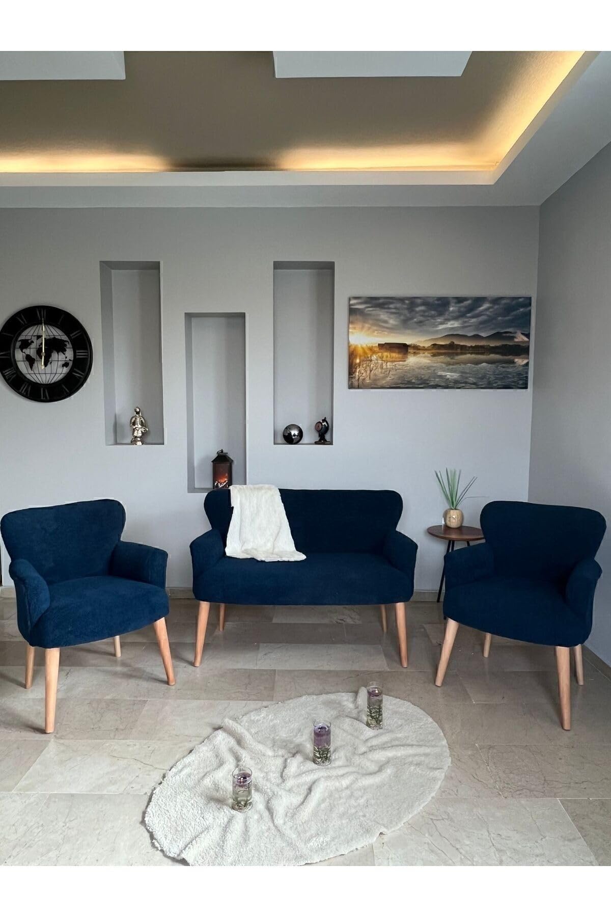 Azra Aksesuar Çay Seti Oturma Grubu, Puffy Kumaş, Koltuk Takımı, Ahşap Ayak, Balkon Bahçe Mobilyası