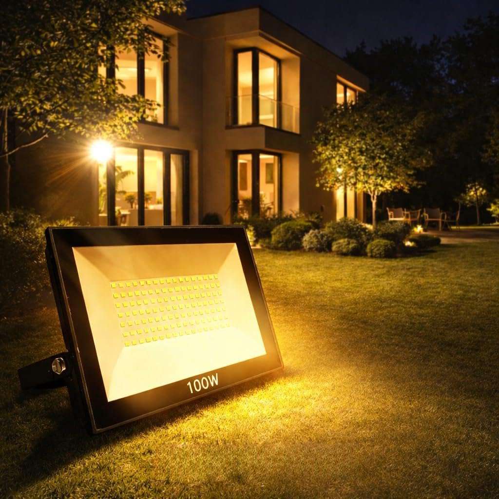 Akım 100W LED Projektör IP66 | 9000 Lümen Süper Parlak | 220V Dış Mekan Su Geçirmez Bahçe, Otopark, Garaj ve Fabrika Aydınlatma (Sarı Işık)