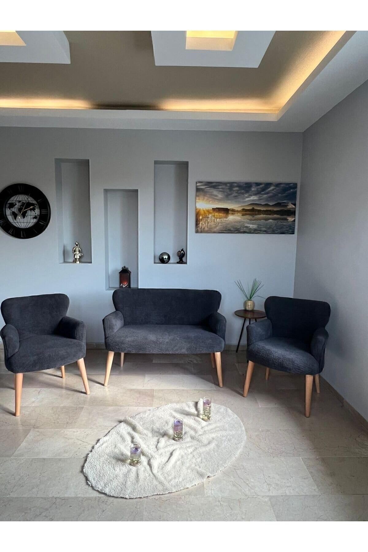 Azra Aksesuar Çay Seti Oturma Grubu, Puffy Kumaş Koltuk Takımı, Ahşap Ayak, Balkon Bahçe Mobilyası