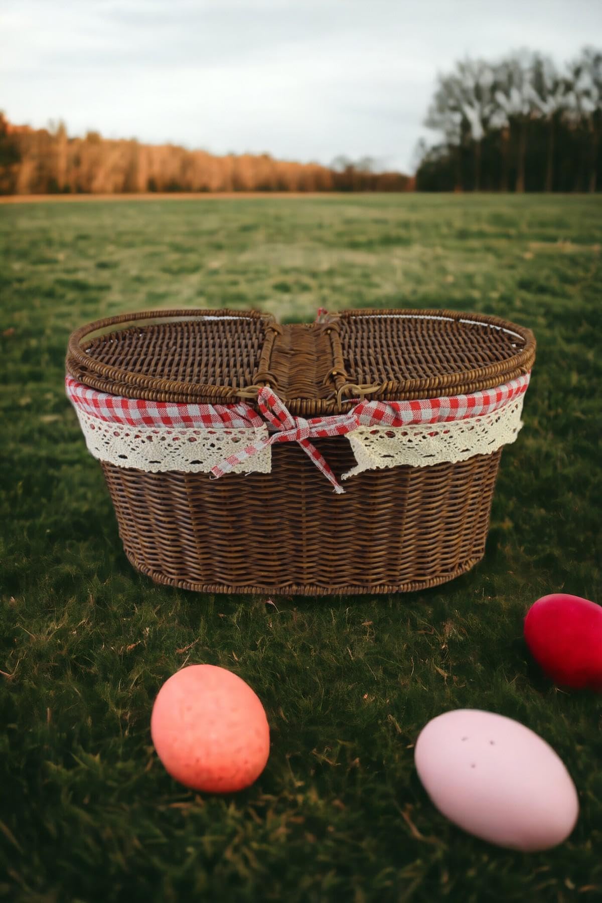 Büyük Boy Plastik Rattan Örme Piknik Sepeti Oval Ekoseli Kahverengi