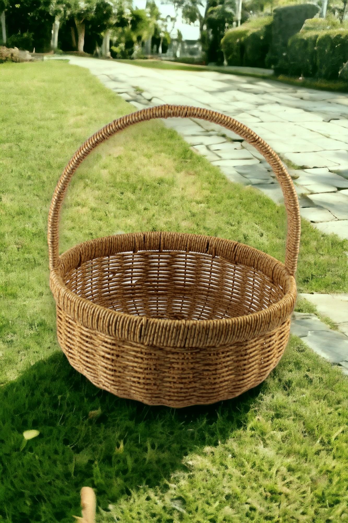 Orta Boy Plastik Rattan Örme Piknik Sepeti Yuvarlak Krem
