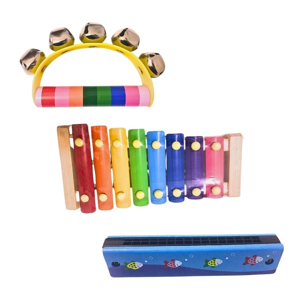Çocuk Müzik Aletleri Seti, 12 Parça Ahşap Ritim Enstrümanları, Anaokulu Okul Öncesi Eğitici Oyuncak, 3-10 Yaş, Ksilofon Tambur Marakas Üçgen Zil